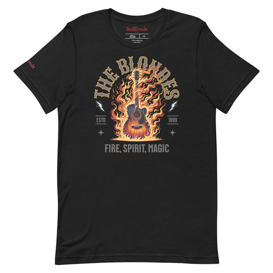A black unisex t-shirt with a graphic of a wooden guitar on fire with ‘THE BLONDES’ in Sancreek font above the burning guitar and ‘FIRE, SPIRIT, MAGIC' underneath. Branded RedBlonde London in inside neck and right sleeve.