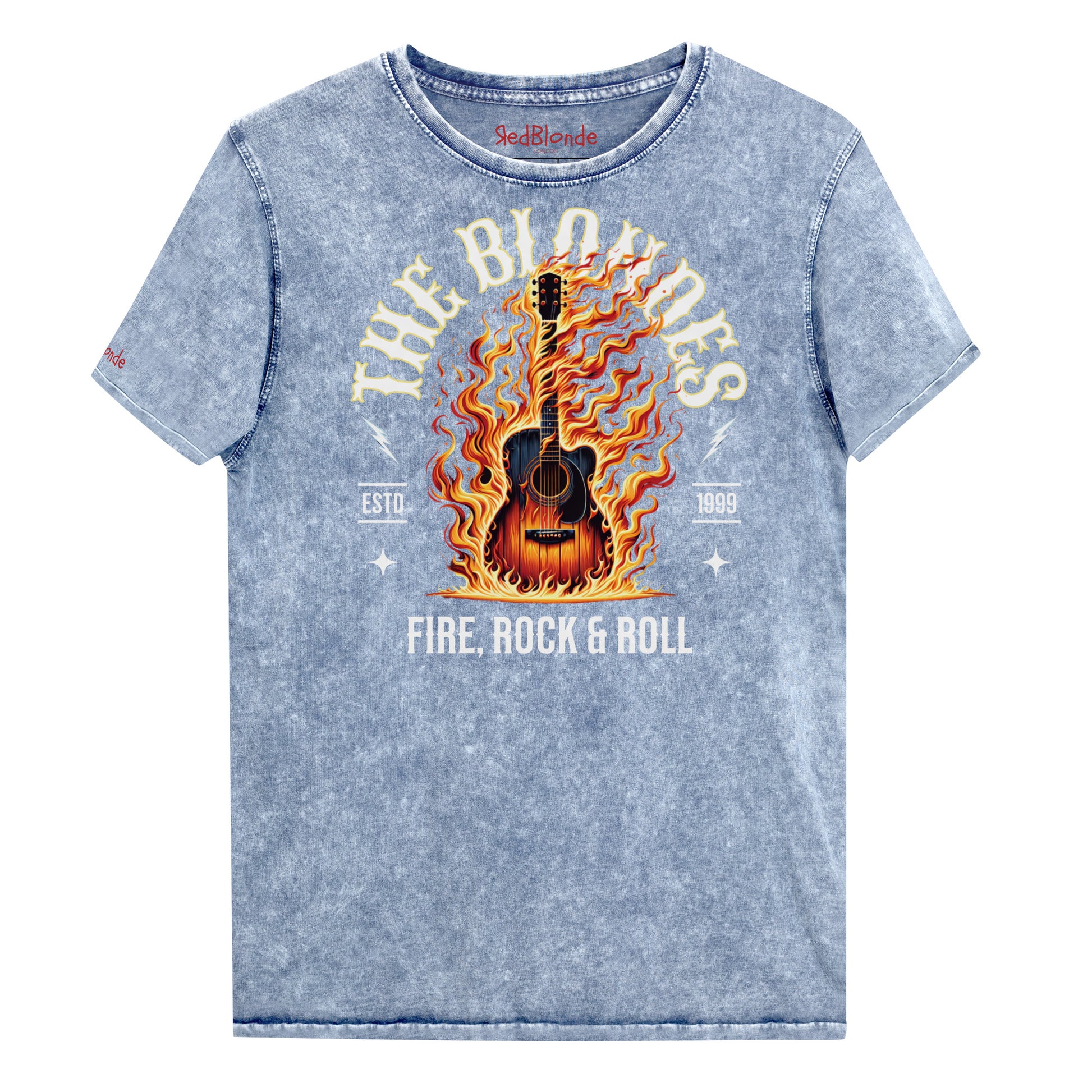 A blue denim wash unisex t-shirt with a  graphic of a wooden guitar on fire with ‘THE BLONDES’ in Sancreek font above the burning guitar and ‘FIRE, ROCK & ROLL' underneath. Branded RedBlonde London in inside neck and right sleeve.