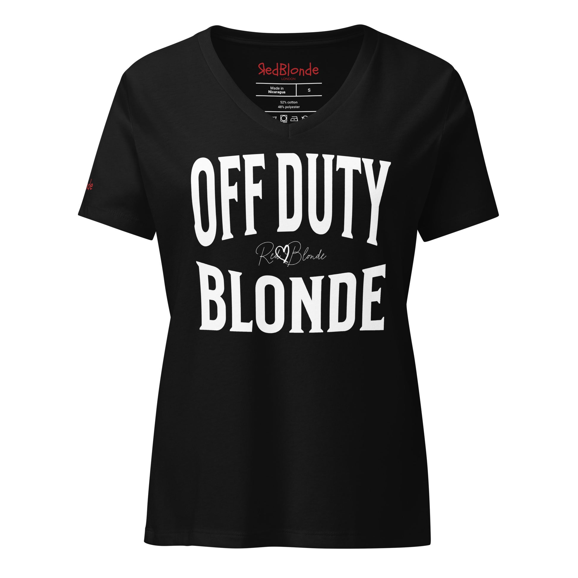 A classic black relaxed fit unisex v-neck t-shirt with the words 'OFF DUTY BLONDE' written in large Brookfield white font, across the front. Branded RedBlonde London in red on inside neck and right sleeve