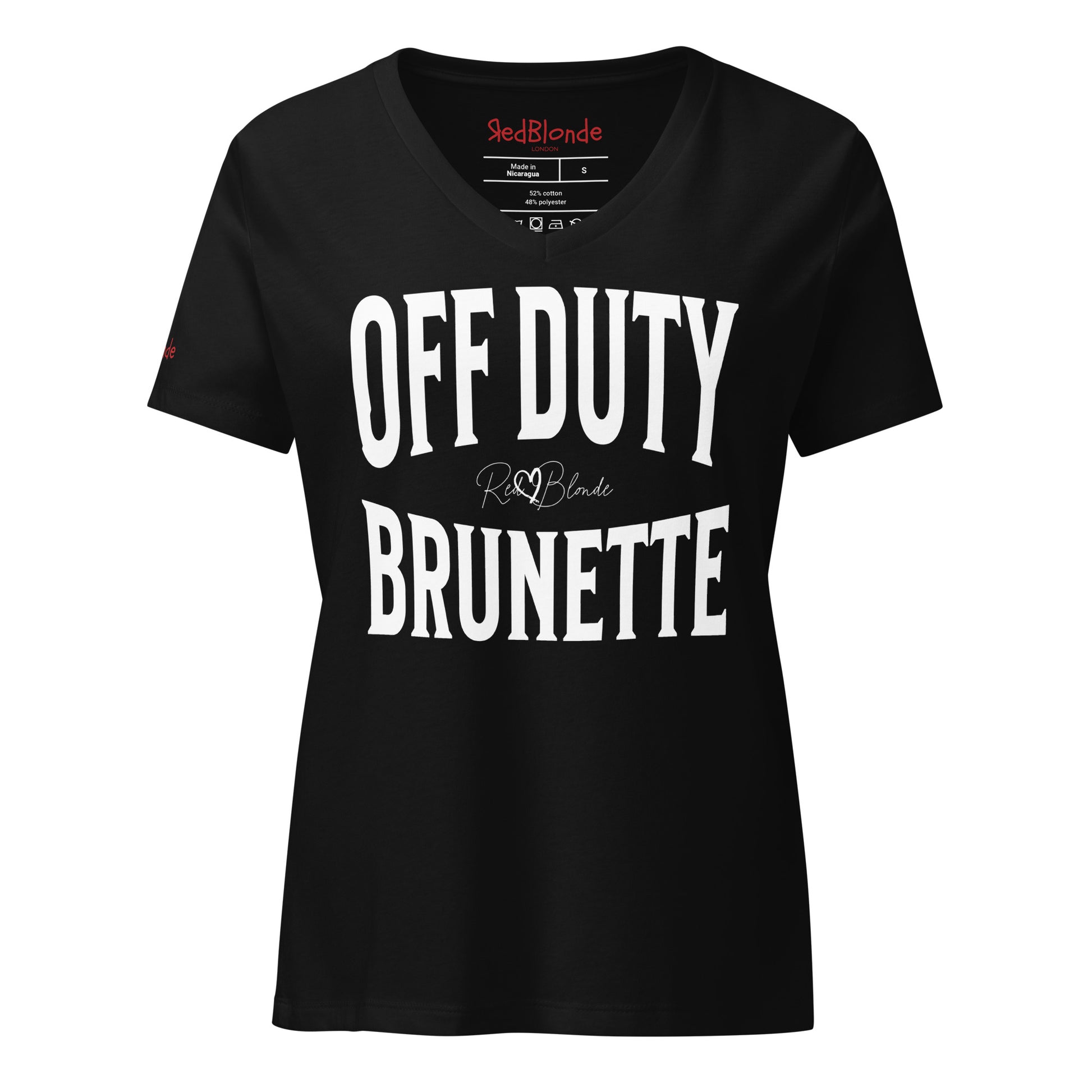 A classic black relaxed fit unisex v-neck t-shirt with the words 'OFF DUTY BRUNETTE' written in large Brookfield white font, across the front. Branded RedBlonde London in red on inside neck and right sleeve