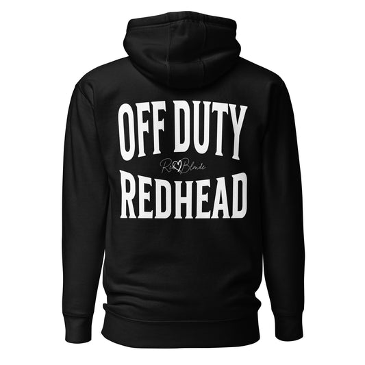 A classic black unisex hoodie with the words 'OFF DUTY REDHEAD' written in large Brookfield white font, across the back. Branded RedBlonde London in red on inside neck and right sleeve 
