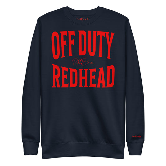 A classic navy blue relaxed fit unisex sweatshirt with the words 'OFF DUTY REDHEAD' written in large Brookfield red font, across the front. Branded RedBlonde London in red on inside neck and right sleeve 