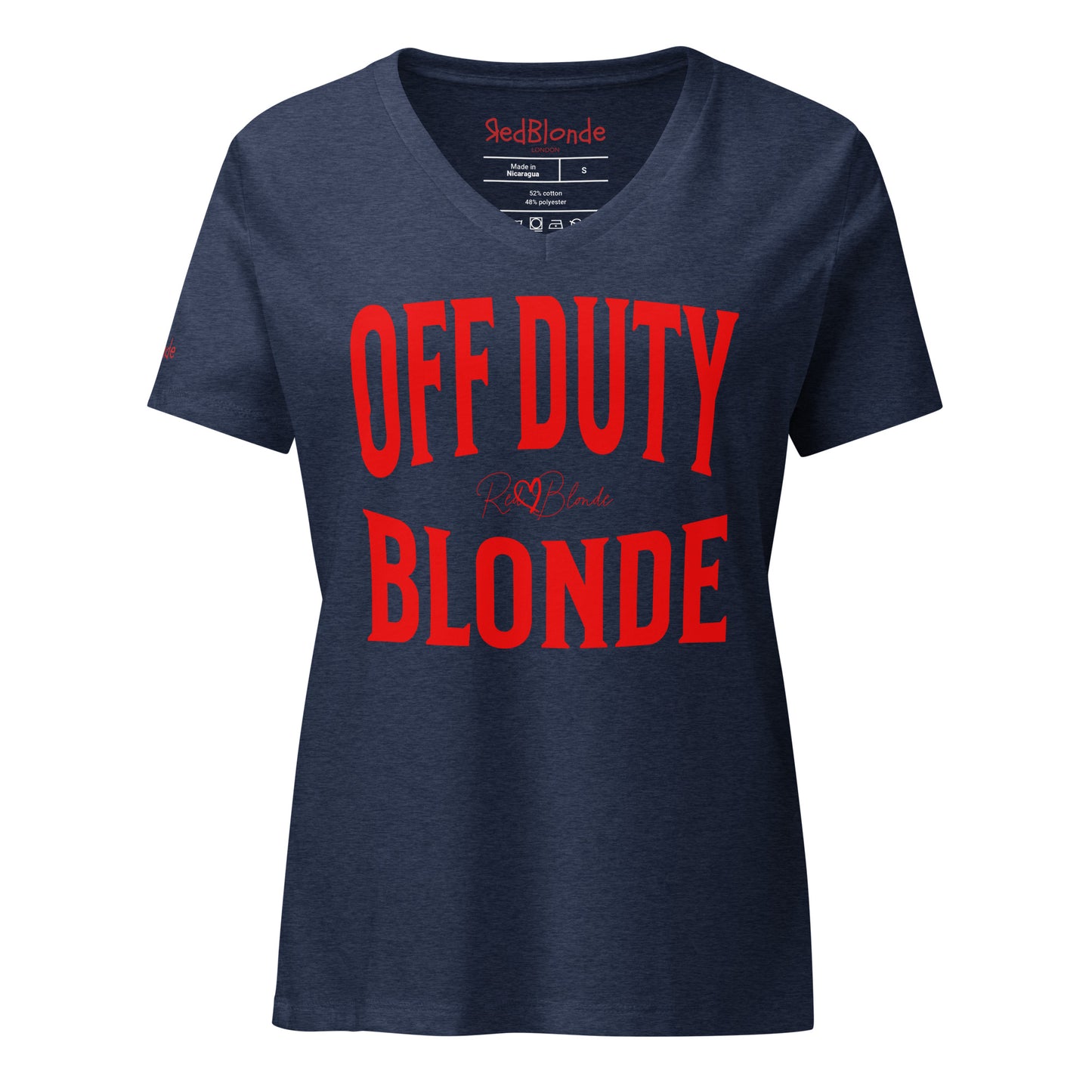 A classic navy blue relaxed fit unisex v-neck t-shirt with the words 'OFF DUTY BLONDE' written in large Brookfield red font, across the front. Branded RedBlonde London in red on inside neck and right sleeve