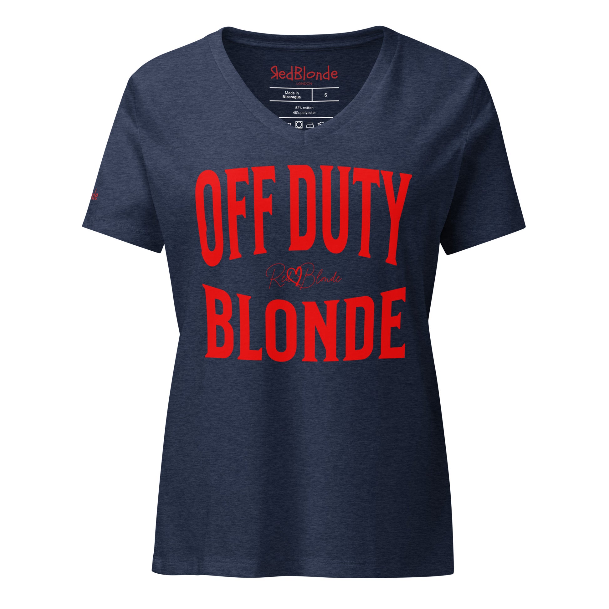 A classic navy blue relaxed fit unisex v-neck t-shirt with the words 'OFF DUTY BLONDE' written in large Brookfield red font, across the front. Branded RedBlonde London in red on inside neck and right sleeve