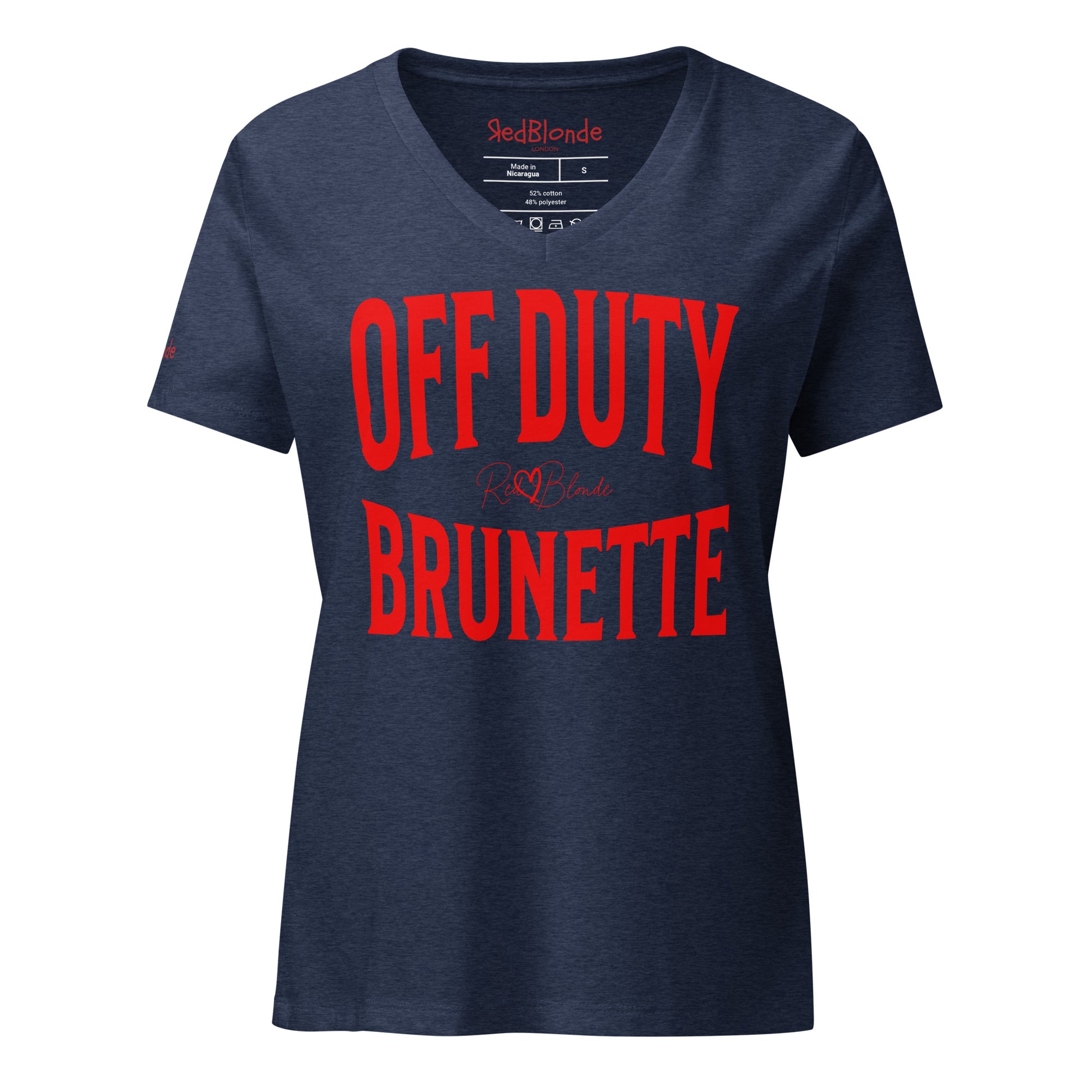 A classic navy blue relaxed fit unisex v-neck t-shirt with the words 'OFF DUTY BRUNETTE' written in large Brookfield red font, across the front. Branded RedBlonde London in red on inside neck and right sleeve