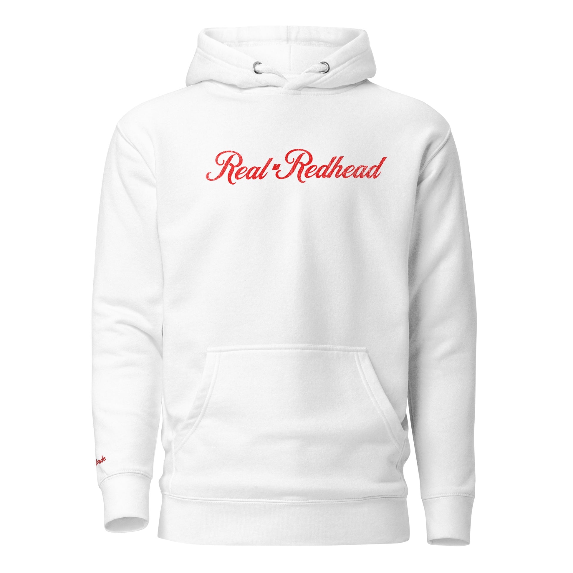 A classic white relaxed fit unisex hoodie with the words 'Real Redhead' written in red vintage milkstore font, like coco cola script. Branded RedBlonde London in red on inside neck and right sleeve 