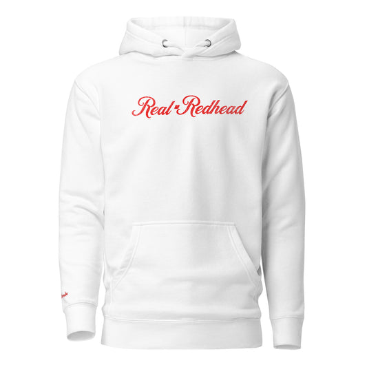A classic white relaxed fit unisex hoodie with the words 'Real Redhead' written in red vintage milkstore font, like coco cola script. Branded RedBlonde London in red on inside neck and right sleeve 