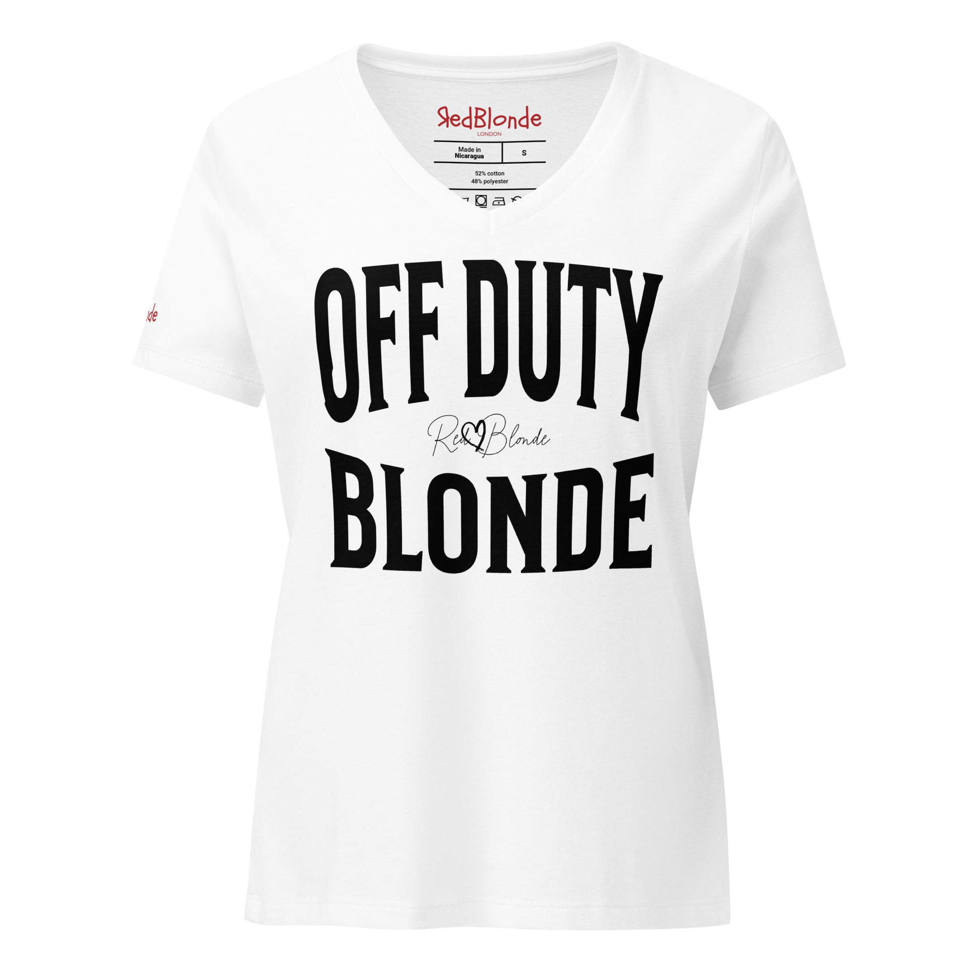 A classic white relaxed fit unisex v-neck t-shirt with the words 'OFF DUTY BLONDE' written in large Brookfield black font, across the front. Branded RedBlonde London in red on inside neck and right sleeve