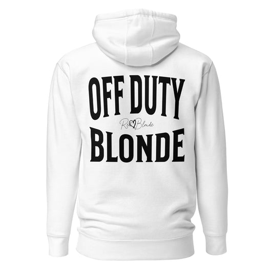 A classic white unisex hoodie with the words 'OFF DUTY BLONDE' written in large Brookfield black font, across the back. Branded RedBlonde London in red on inside neck and right sleeve 