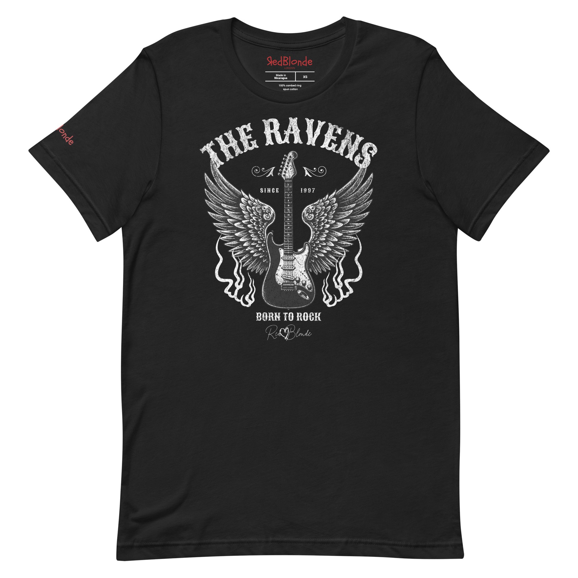 A flatlay of a black unisex t-shirt with a graphic of a black & white guitar with raven bird wings emerging from the side. The graphic features ‘THE RAVENS’ in Sancreek font in a semicircle above the guitar, while ‘BORN TO ROCK’ is underneath. Branded RedBlonde London in inside neck and right sleeve