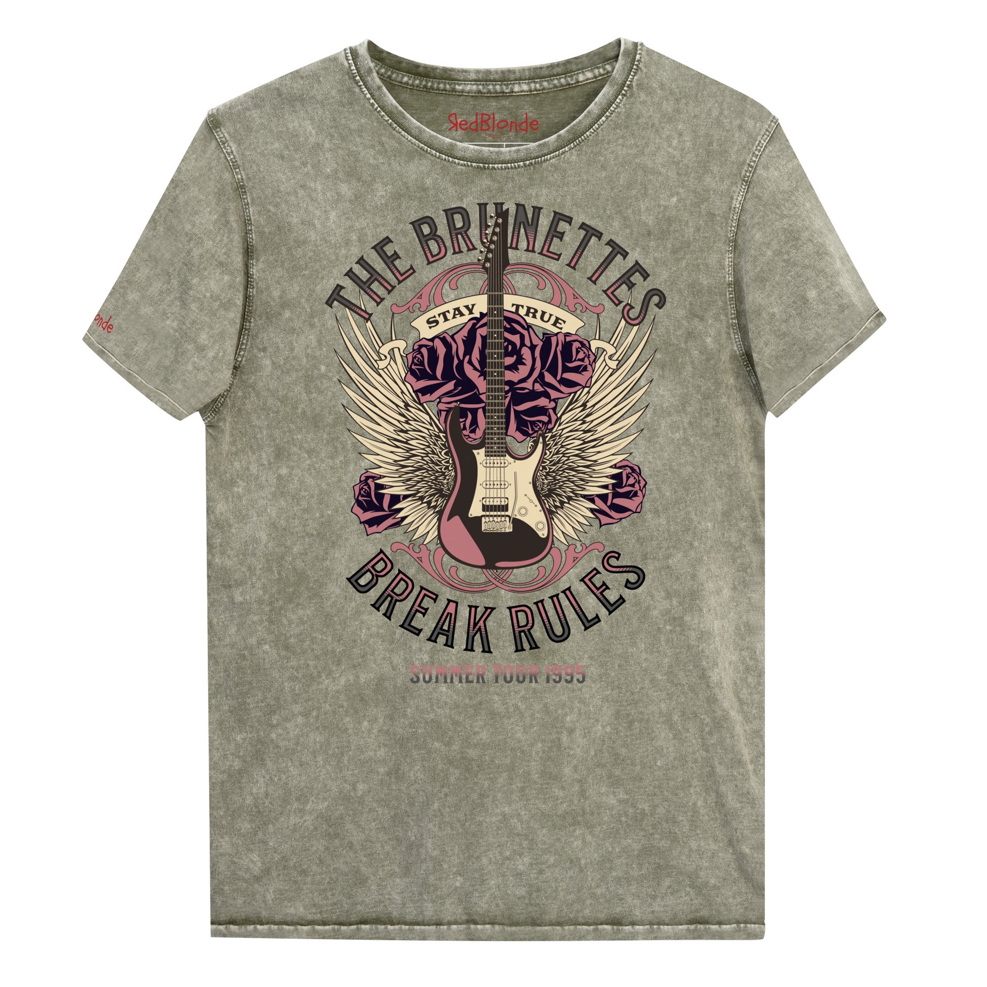 An army green denim wash unisex t-shirt with a burnt pink & beige graphic of a guitar with bird wings emerging from the side. The graphic features ‘THE BRUNETTES’ in Brookfield font above the guitar, ‘STAY TRUE' across the top and 'BREAK RULES’ underneath. Branded RedBlonde London in inside neck and right sleeve.