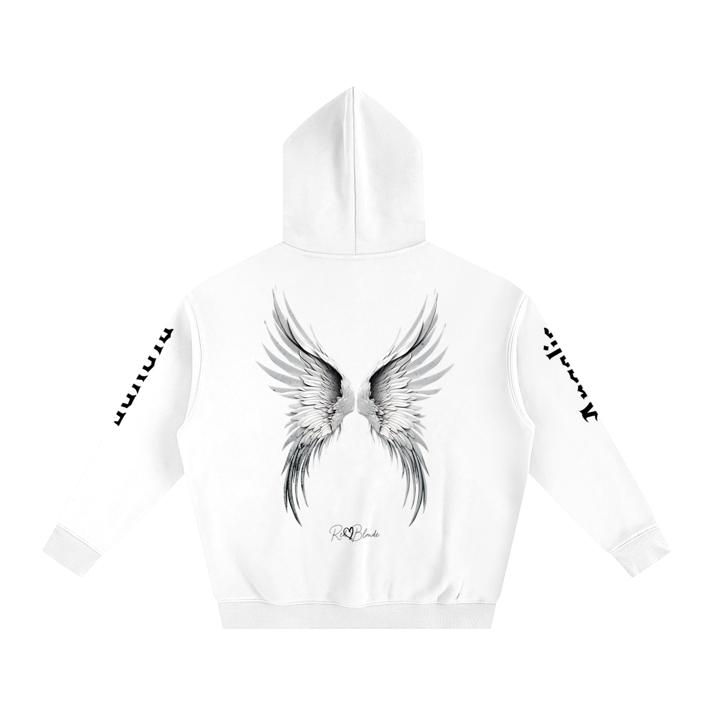 Back view of a white hoodie featuring large silver angel wings printed across the back, with black RedBlonde signature logo underneath. Each sleeve features gothic New Rockstar font graphic text  one sleeve says 'Angelic' and the other 'Blonde' 