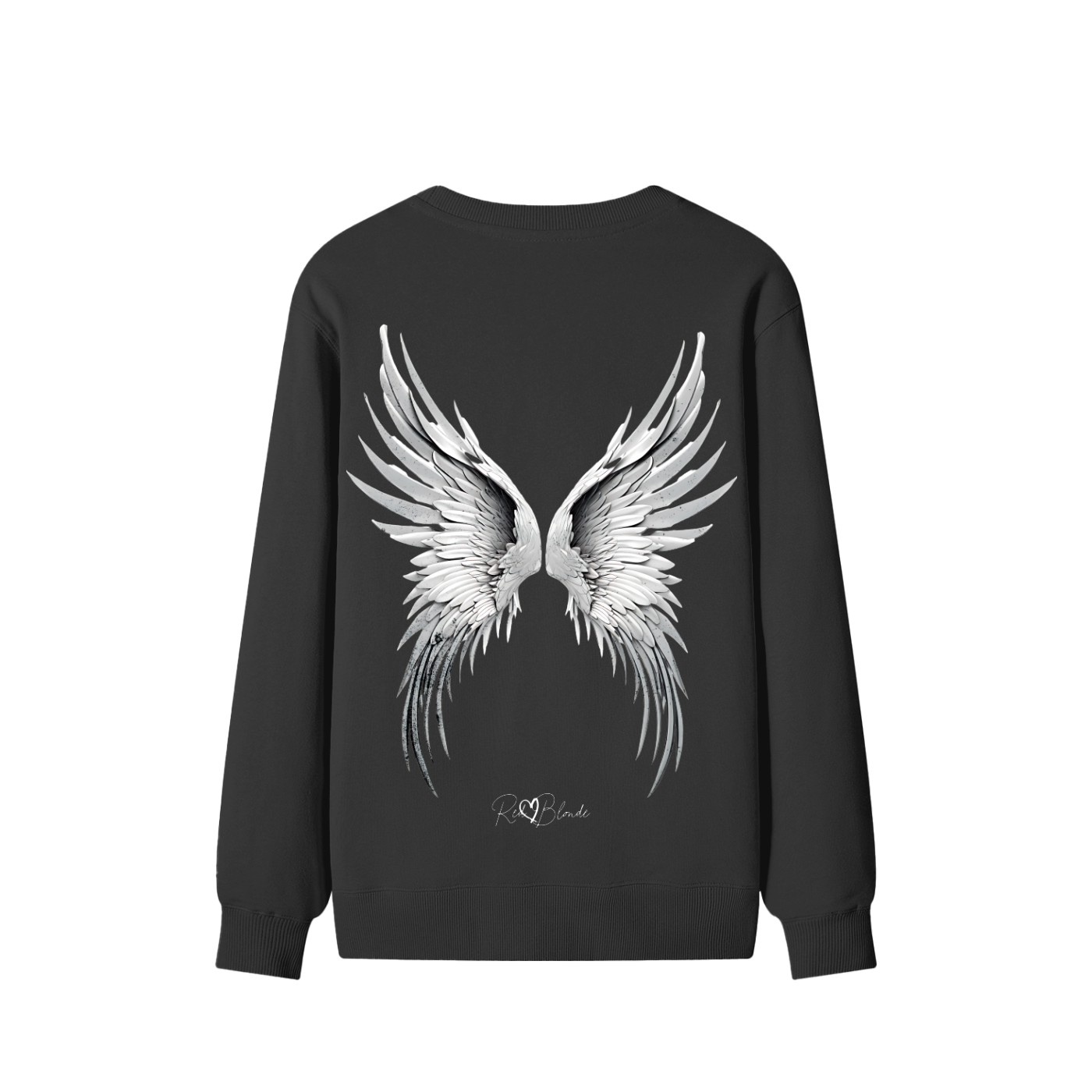 Angelic Brunette back view of black sweatshirt featuring a striking pair of detailed silver-grey angel wings printed across the back, with the RedBlonde signature logo beneath the design.