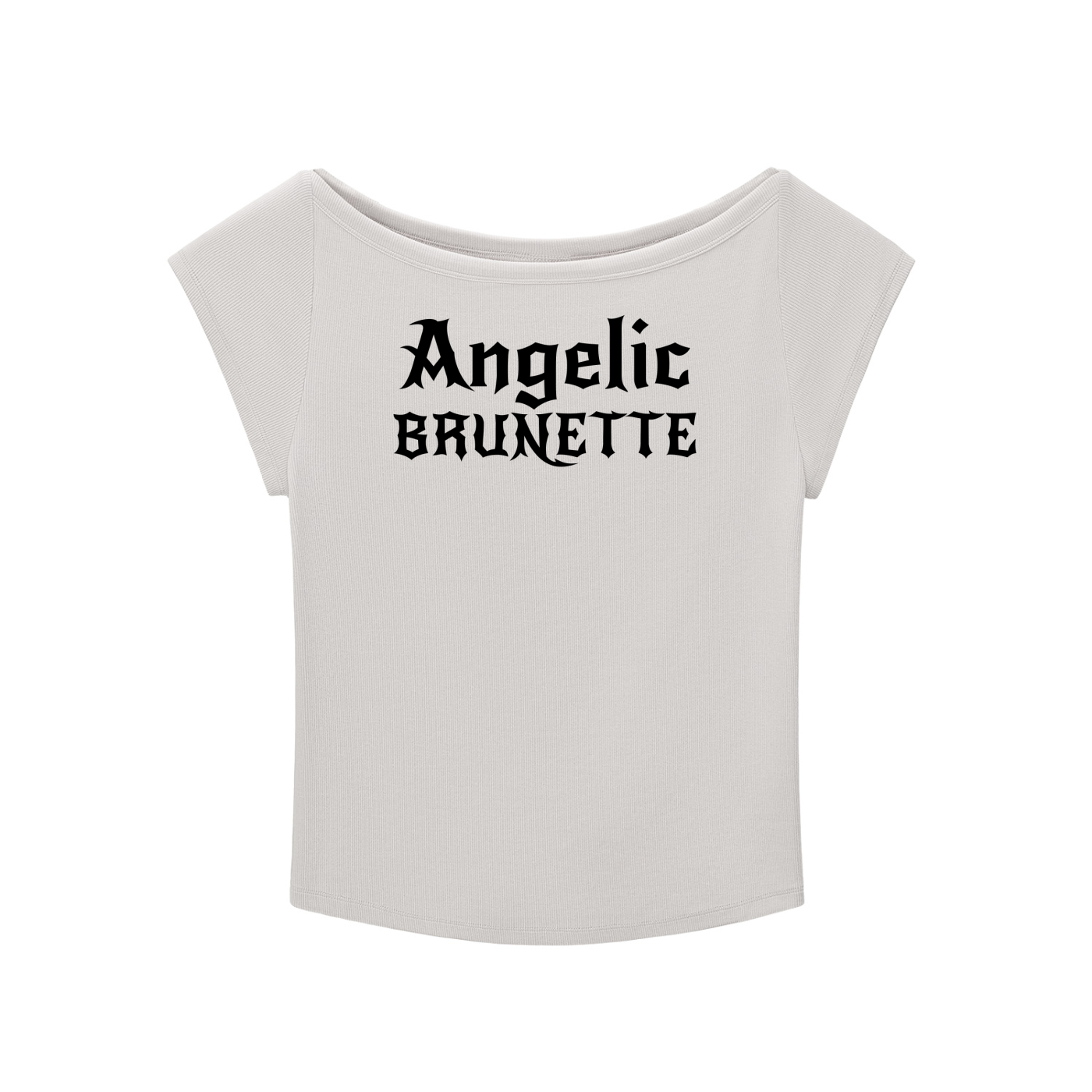 light grey wide-neck t-shirt with black gothic New Rockstar text reading “Angelic Brunette” across the chest.