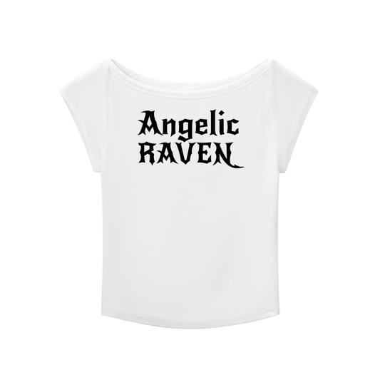white wide-neck t-shirt with white gothic New Rockstar text reading “Angelic Raven” across the chest.