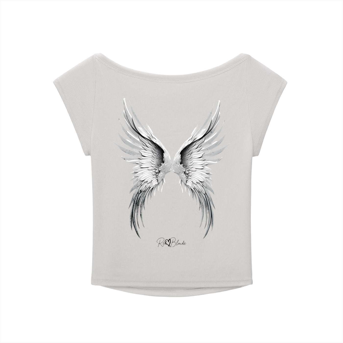 light grey wide-neck t-shirt featuring detailed silver angel wings and the RedBlonde signature logo beneath the design.