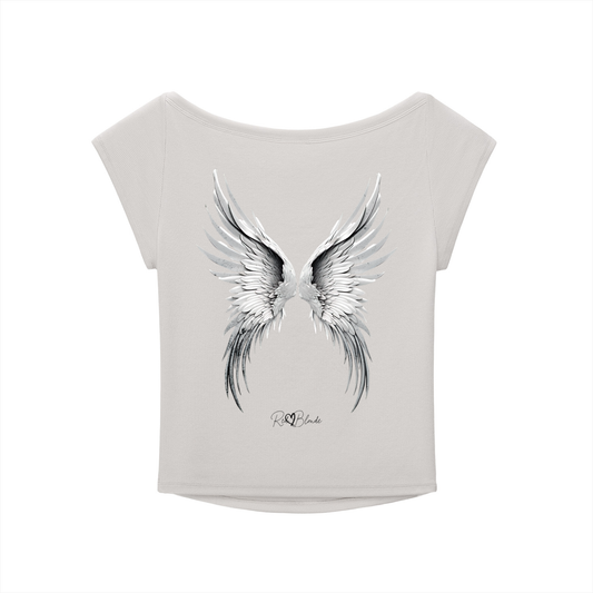 light grey wide-neck t-shirt featuring detailed silver angel wings and the RedBlonde signature logo beneath the design.