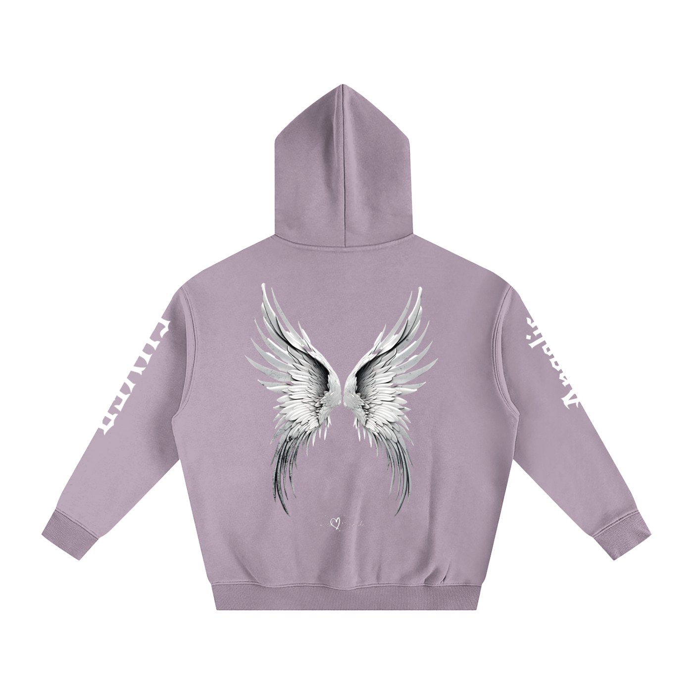 Back view of a lavender hoodie featuring large silver angel wings printed across the back, with black RedBlonde signature logo underneath. Each sleeve features gothic New Rockstar font graphic text  one sleeve says 'Angelic' and the other 'Silver' 