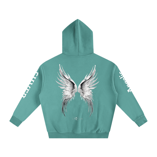 Back view of a medium green hoodie featuring large silver angel wings printed across the back, with black RedBlonde signature logo underneath. Each sleeve features gothic New Rockstar font graphic text  one sleeve says 'Angelic' and the other 'Silver' 