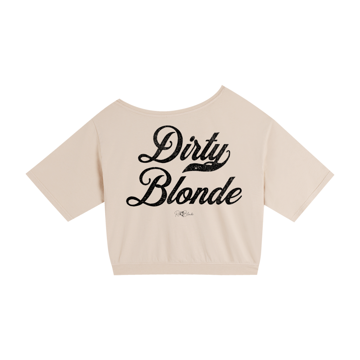 Back view of a Apricot asymmetric off-the-shoulder waist length t-shirt featuring the bold white distressed Milkstore font “Dirty Blonde” with the RedBlonde logo printed below. The relaxed, oversized fit and one-shoulder neckline give it a modern, effortless look.