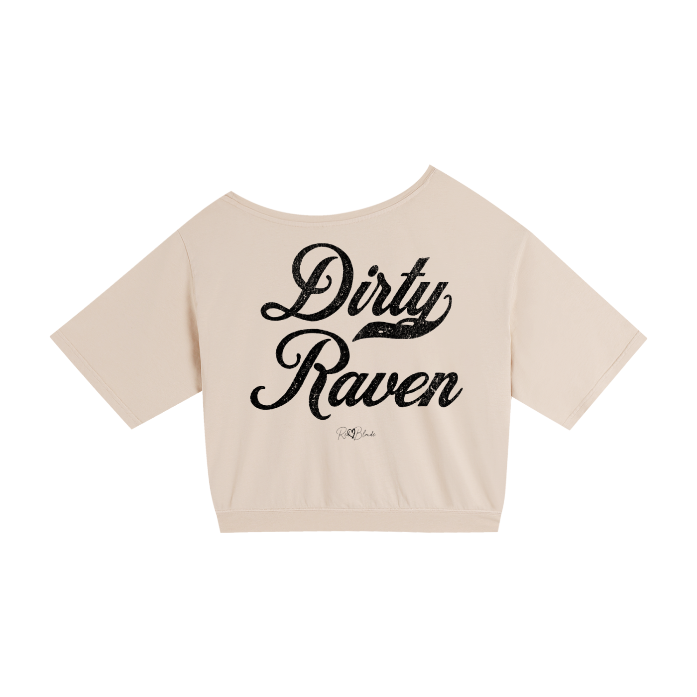 Back view of a Apricot asymmetric off-the-shoulder waist length t-shirt featuring the bold black distressed Milkstore font “Dirty Raven” with the RedBlonde logo printed below. The relaxed, oversized fit and one-shoulder neckline give it a modern, effortless look.