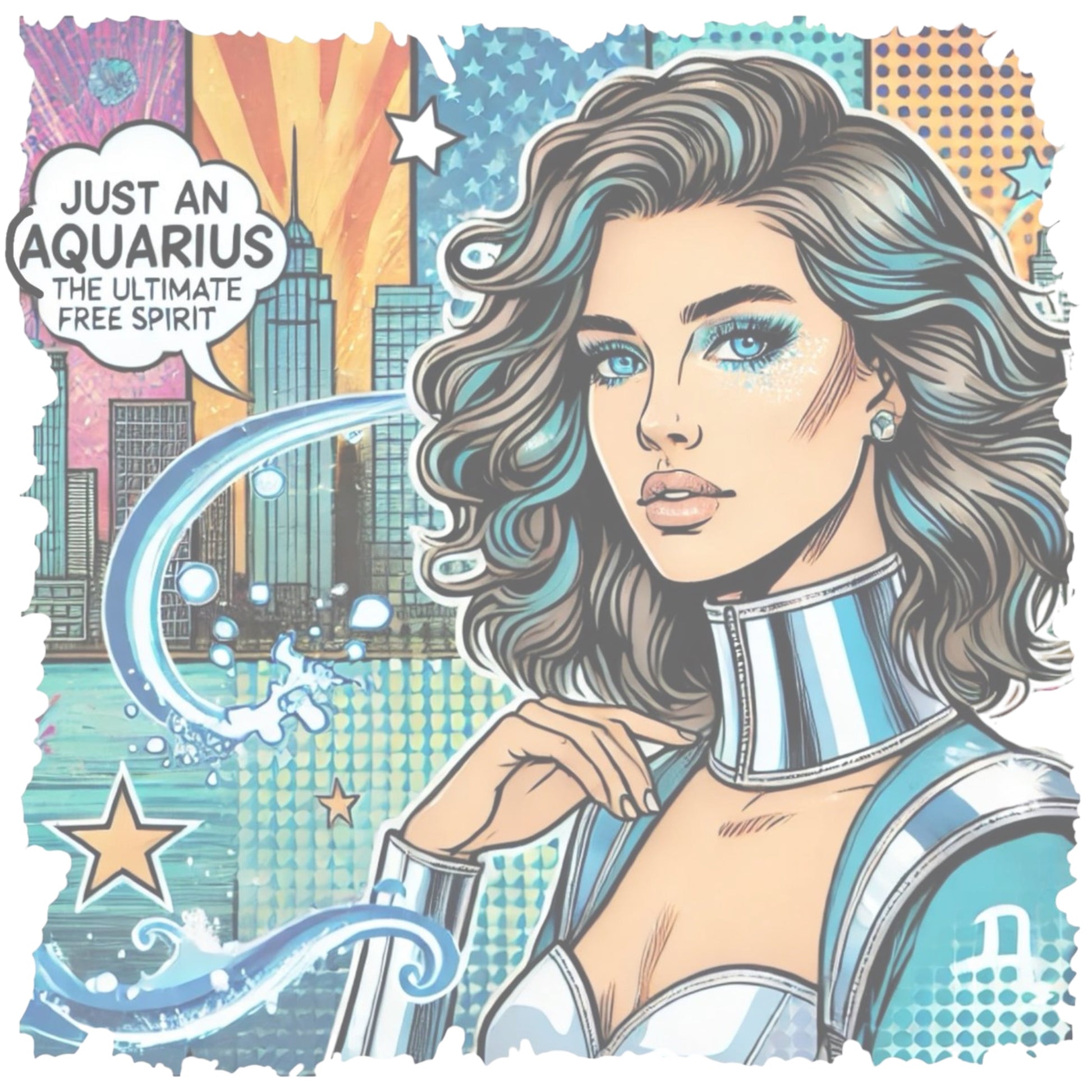 Pop art-style illustration of a glamorous woman with flowing black/brunette hair and shimmering blue makeup, set against a colourful cityscape with stars, water motifs, and comic book elements. She wears a futuristic silver and blue outfit. A speech bubble reads, `"Just an Aquarius - The Ultimate Free Spirit".