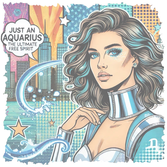 Pop art-style illustration of a glamorous woman with flowing black/brunette hair and shimmering blue makeup, set against a colourful cityscape with stars, water motifs, and comic book elements. She wears a futuristic silver and blue outfit. A speech bubble reads, `"Just an Aquarius - The Ultimate Free Spirit".