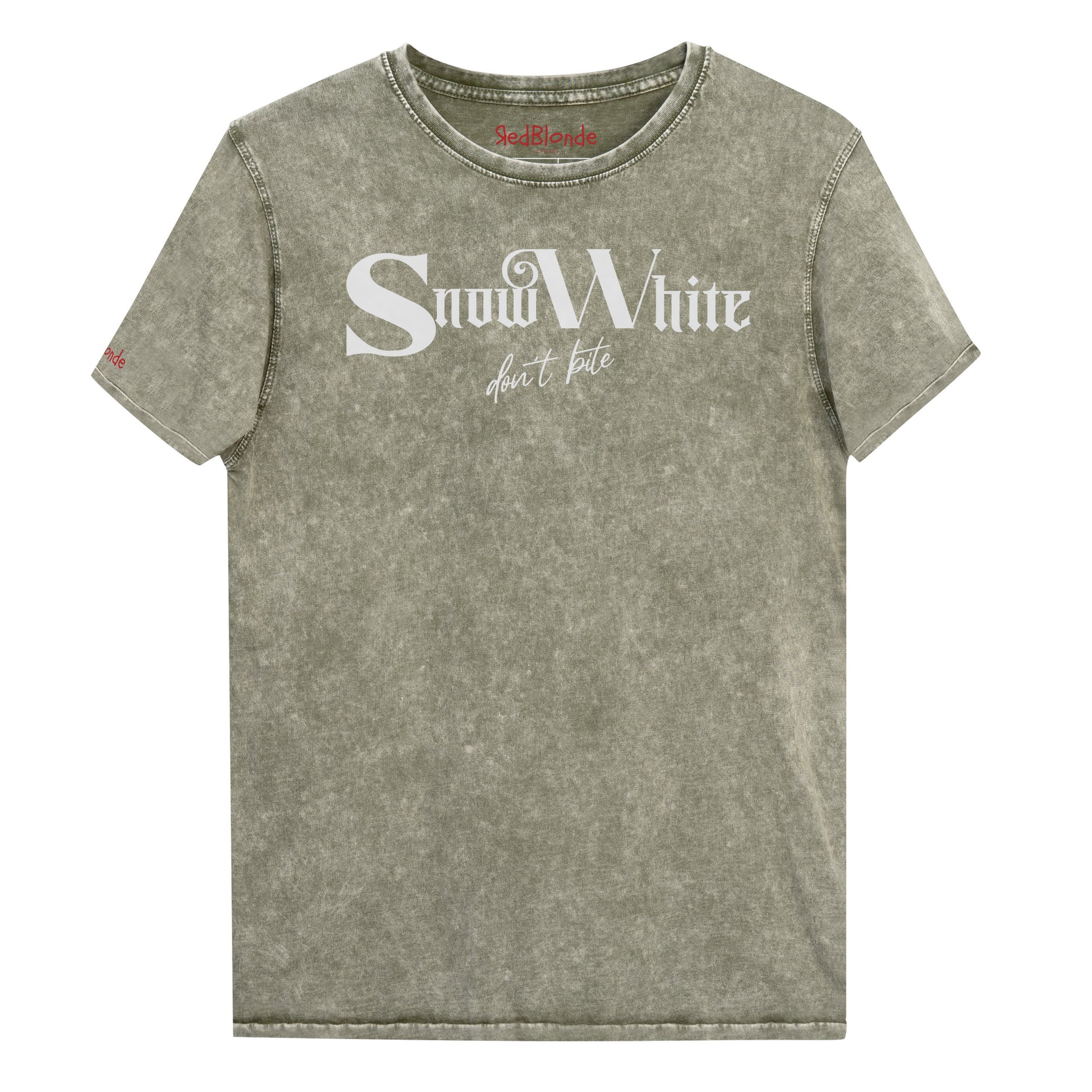 Army Green acid wash denim look unisex t-shirt featuring white Angel Rhapsody gothic-inspired font that reads “Snow White” and the phrase “don’t bite” written underneath in a cursive script. Branded RedBlonde London in red on inside neck and right sleeve