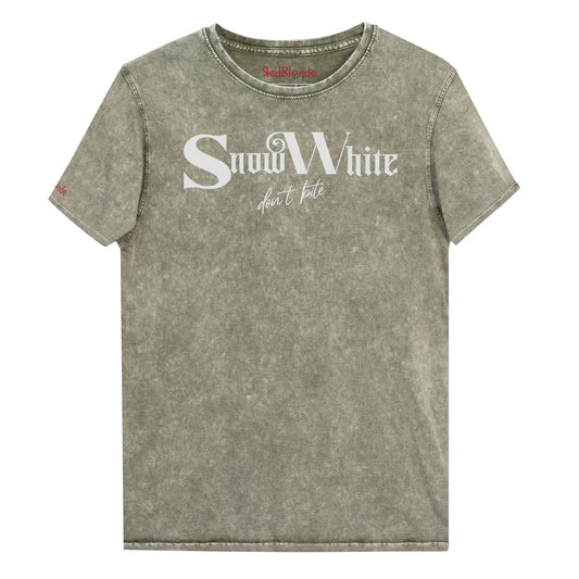 Army Green acid wash denim look unisex t-shirt featuring white Angel Rhapsody gothic-inspired font that reads “Snow White” and the phrase “don’t bite” written underneath in a cursive script. Branded RedBlonde London in red on inside neck and right sleeve