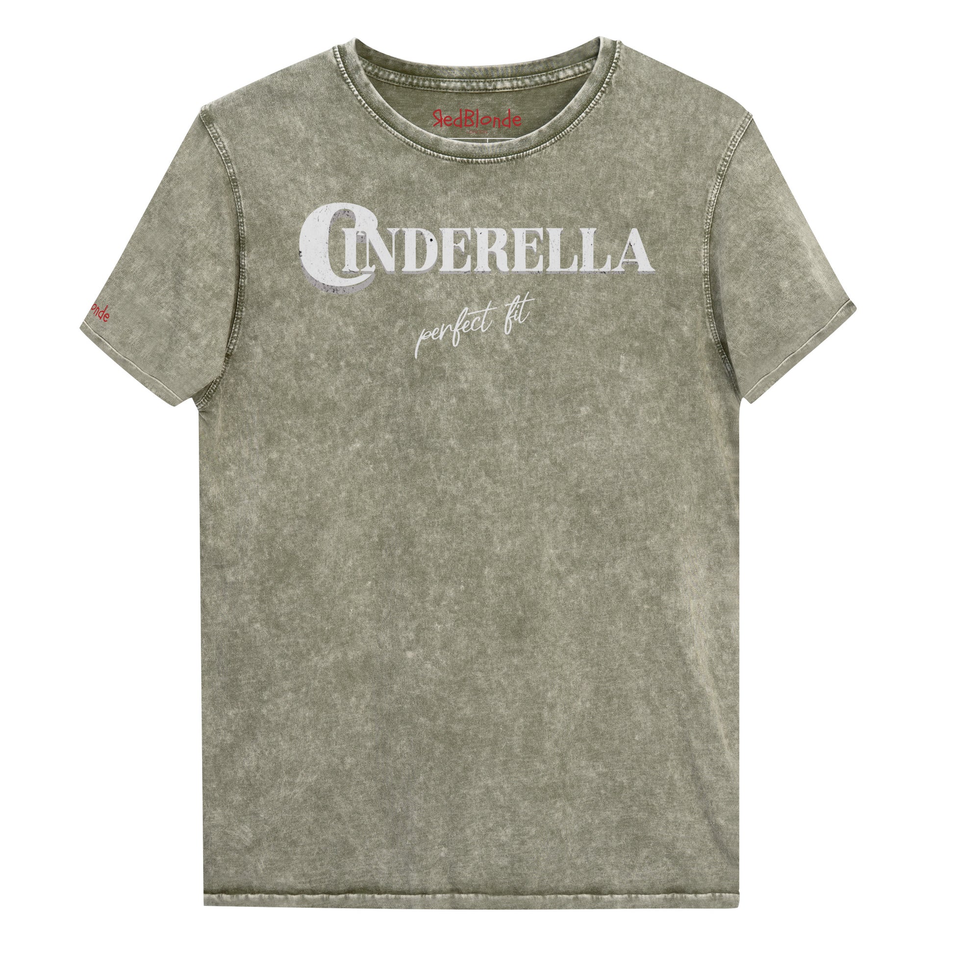 Army Green acid wash vintage look unisex t-shirt featuring white merger text that reads “Cinderella” with a decorative crescent moon incorporated into the letter C, and the phrase “perfect fit” written underneath in an elegant cursive script.
