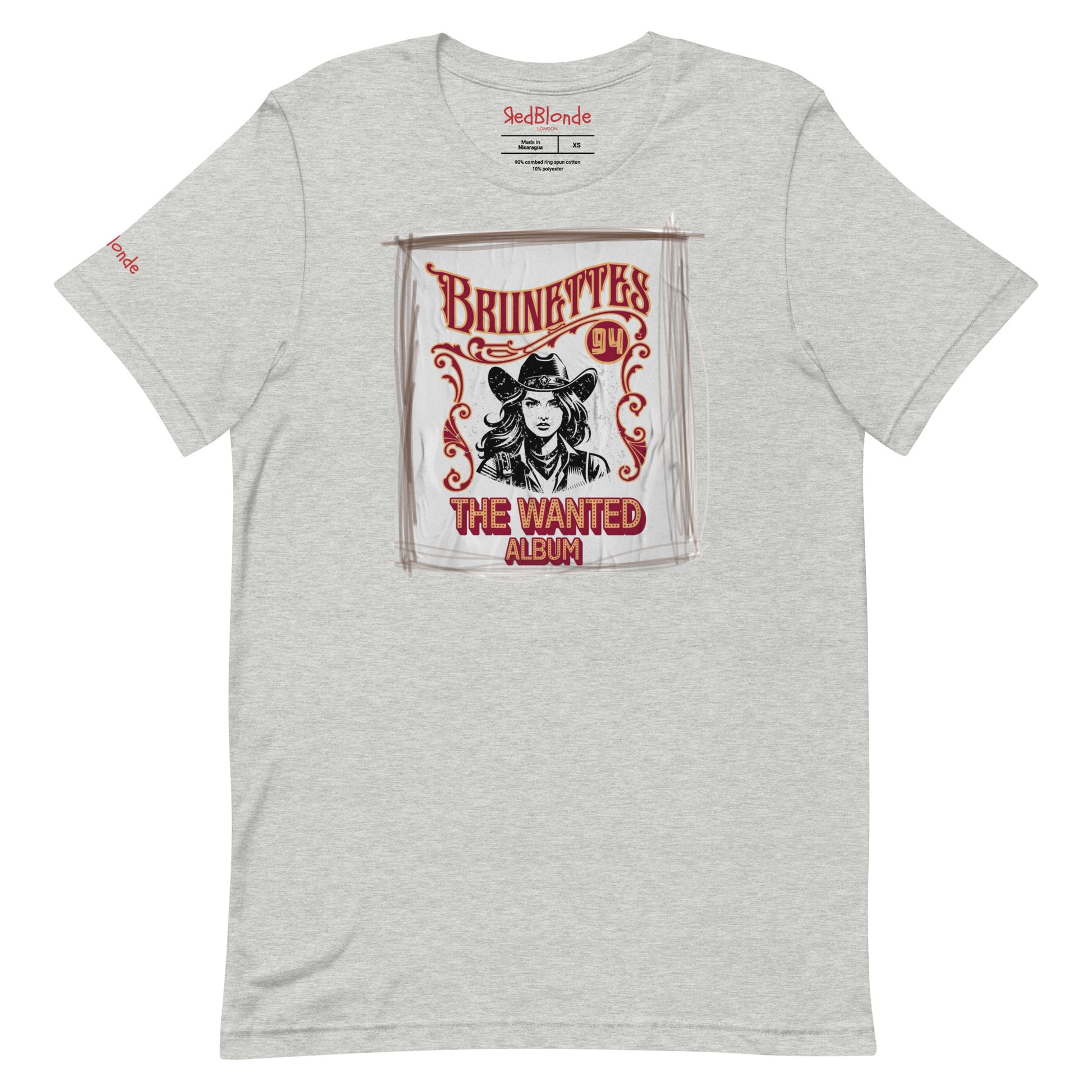 Athletic heather gray classic unisex relaxed fit t-shirt with graphic of an album cover featuring a girl in a cowboy hat with the words ' Brunettes'94 - The Wanted Album'. Branded RedBlonde in red on inside neck and right sleeve.