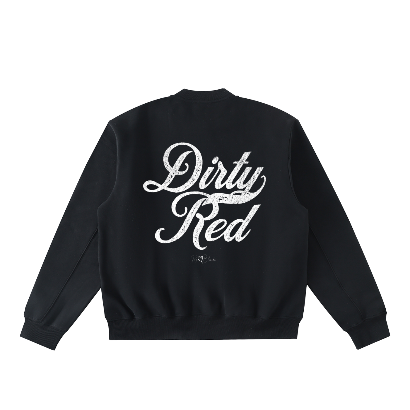 Black sweatshirt zip-up jacket shown from the back with large white Milksotore scripted text reading “Dirty Red” and a small RedBlonde signature beneath. The sweatshirt has a relaxed fit with long sleeves and ribbed cuffs and hem.