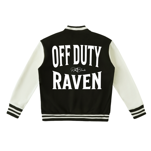 Black & white varsity-style jacket with cream sleeves and striped ribbed trims. The back features large white text reading “OFF DUTY RAVEN” in Brookfield font with a small RedBlonde signature logo in the centre between the words