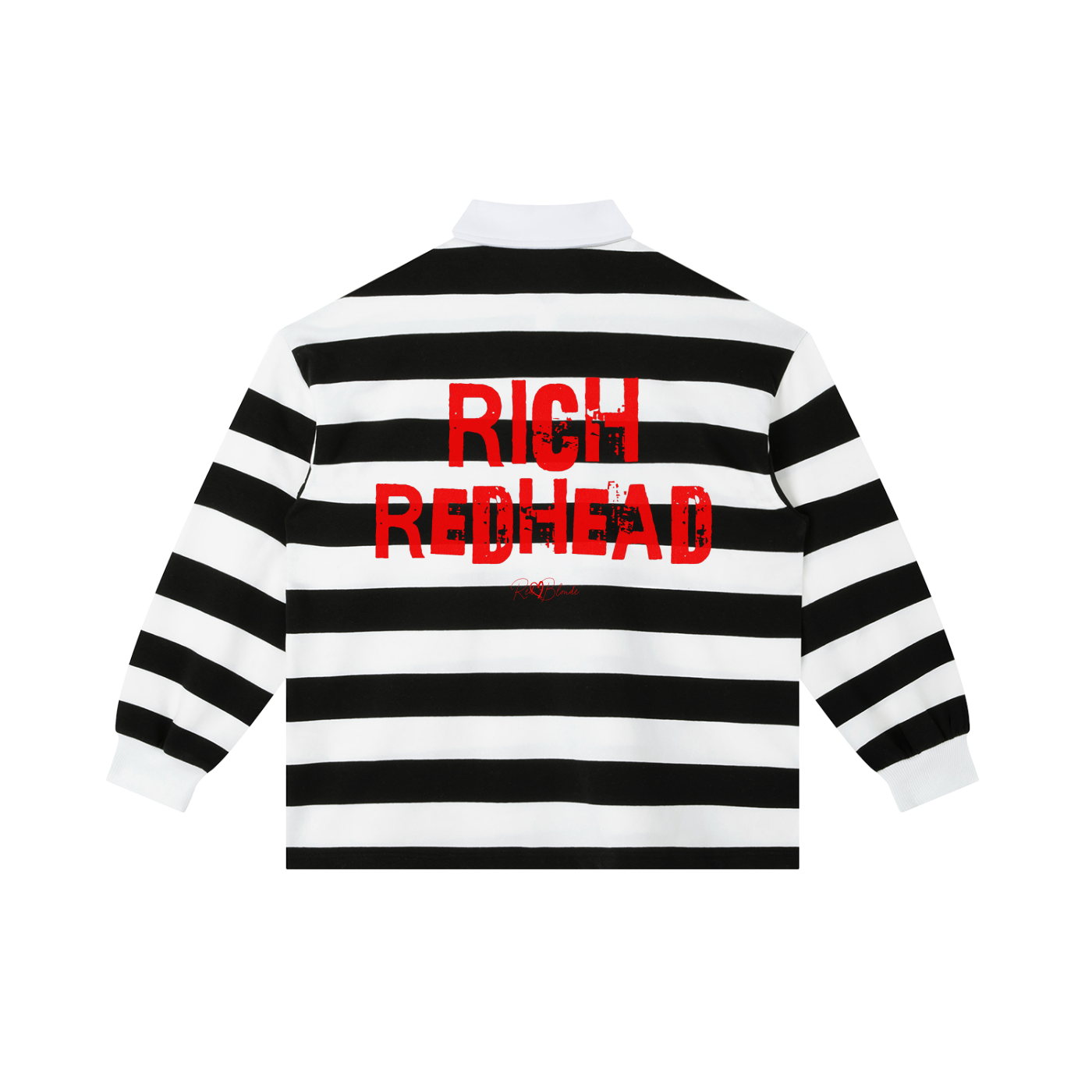 An image showing the back of a long-sleeved rugby polo shirt featuring a pattern of alternating horizontal black and white stripes. The center of the back displays the words "RICH REDHEAD" in large, distressed Ed Gein red block lettering, with a smaller signature-style logo printed directly underneath. The shirt is finished with a solid white collar and matching white ribbed cuffs.