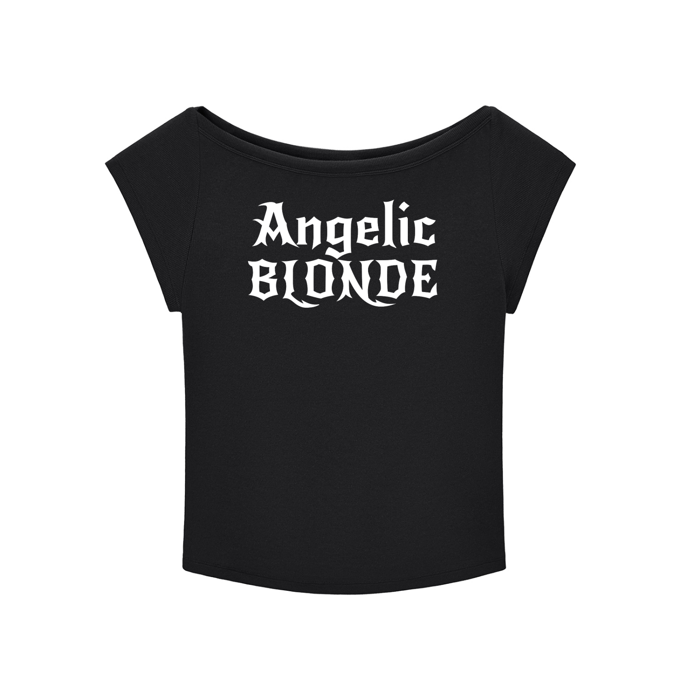 black wide-neck t-shirt with white gothic New Rockstar text reading “Angelic Blonde” across the chest.