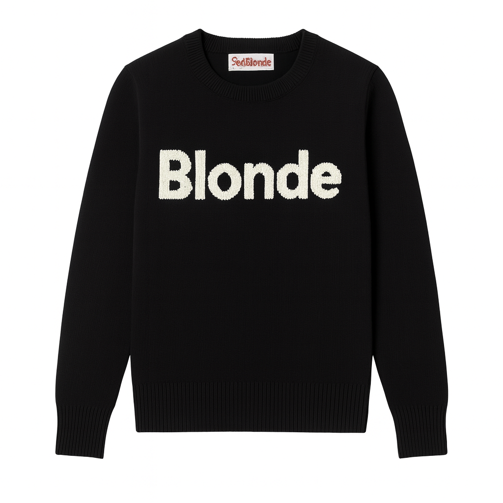 Black cashmere jumper with ‘Blonde’ knitted across the chest in white