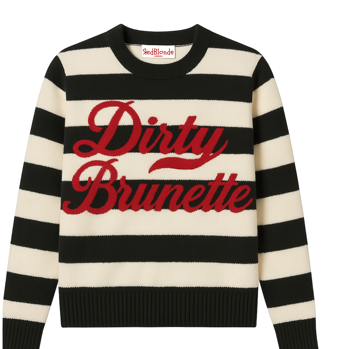 Black & Cream cashmere jumper with ‘Dirty Brunette’ knitted across the chest in white milkstore retro font
