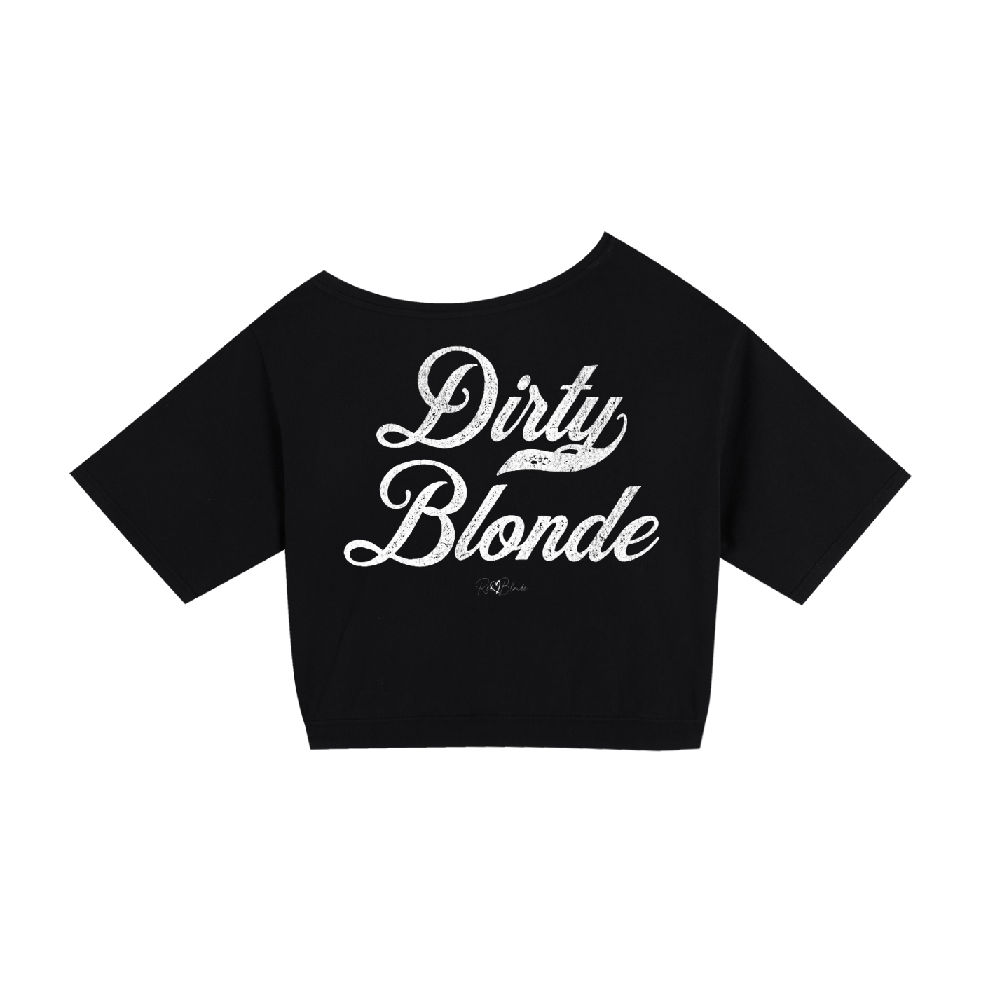 Back view of a black asymmetric off-the-shoulder waist length t-shirt featuring the bold white distressed Milkstore font “Dirty Blonde” with the RedBlonde logo printed below. The relaxed, oversized fit and one-shoulder neckline give it a modern, effortless look.