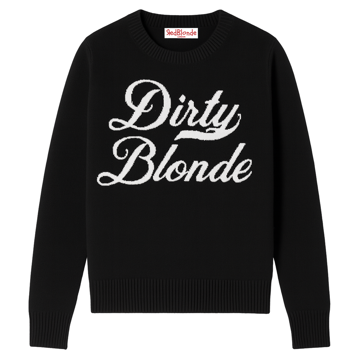 Black cashmere jumper with ‘Dirty Blonde’ knitted across the chest in white milkstore retro font