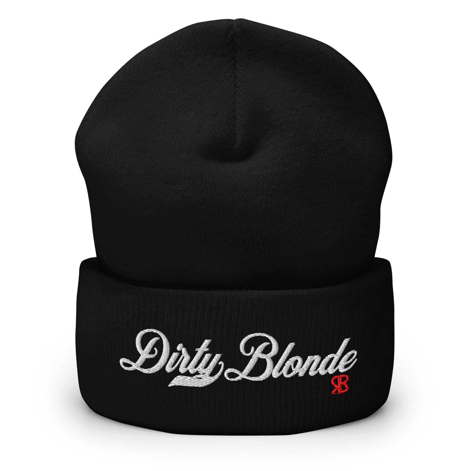 Black knitted beanie with the embroidered phrase “Dirty Blonde” in white script and a small red RB logo on the fold-over cuff, displayed against a clean white background.