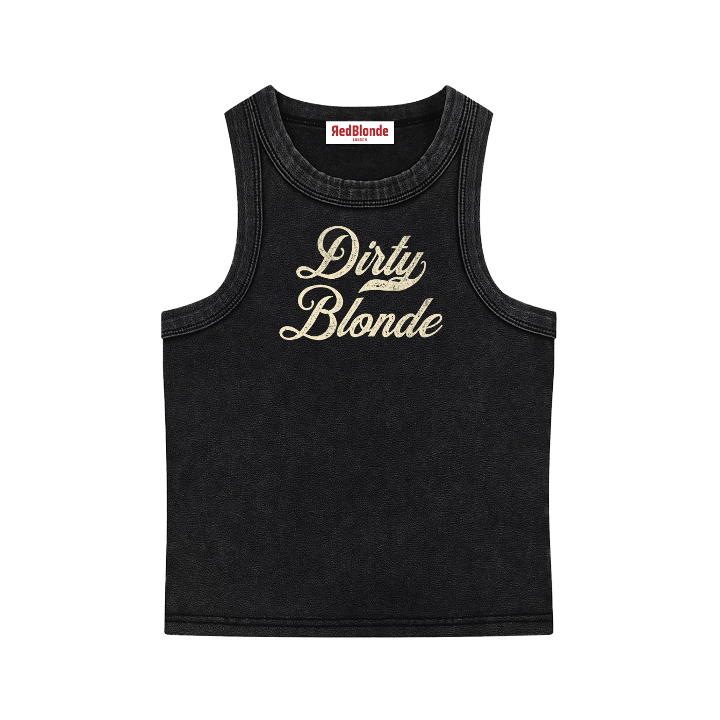 Black snow-wash tank top with raw-edge seams and the phrase ‘Dirty Blonde’ printed in vintage Milkstore lemon font across the chest, featuring the RedBlonde logo underneath