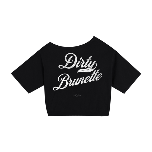 Back view of a black asymmetric off-the-shoulder waist length t-shirt featuring the bold white distressed Milkstore font “Dirty Brunette” with the RedBlonde logo printed below. The relaxed, oversized fit and one-shoulder neckline give it a modern, effortless look.