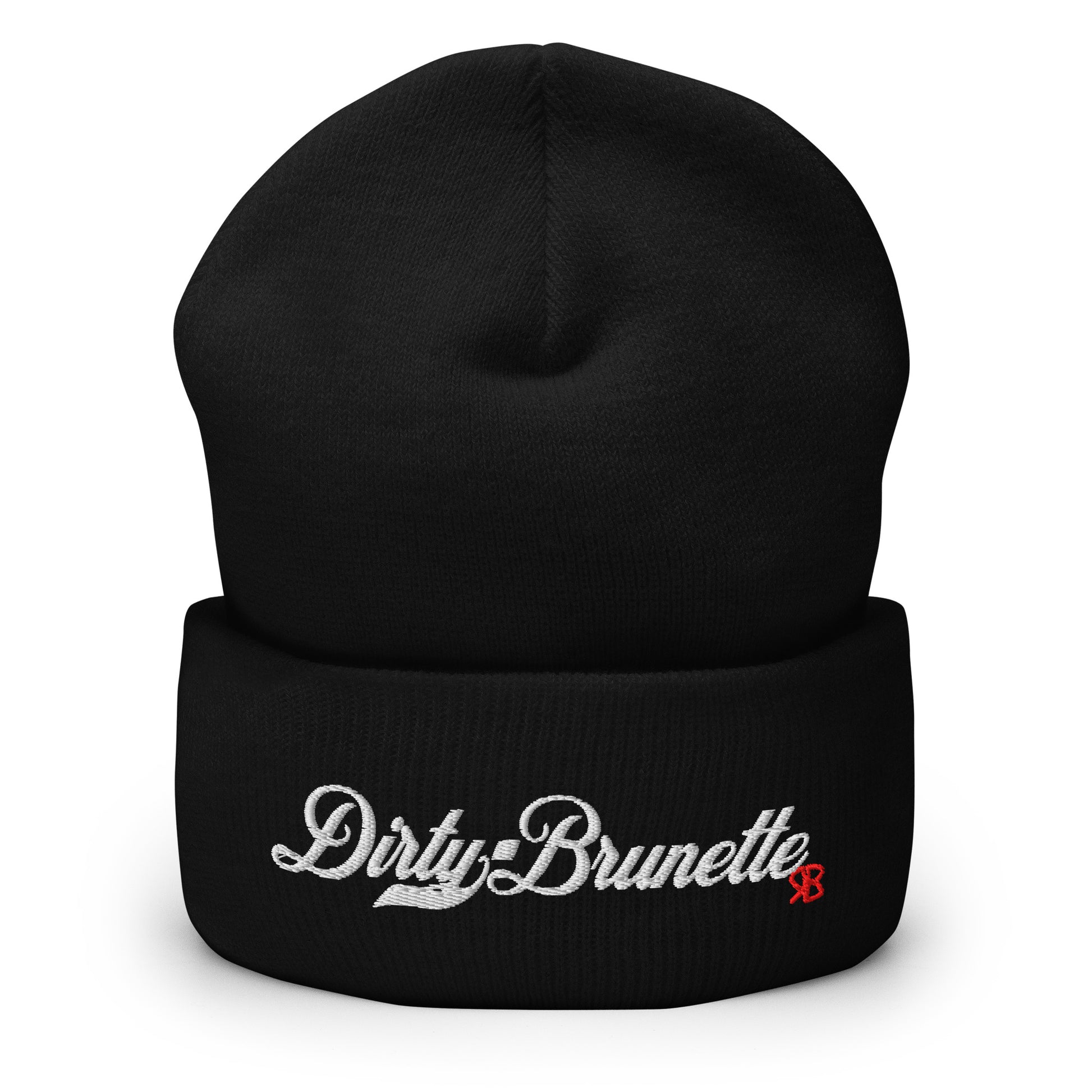 Black knitted beanie with the embroidered phrase “Dirty Brunette” in white script and a small red RB logo on the fold-over cuff, displayed against a clean white background.
