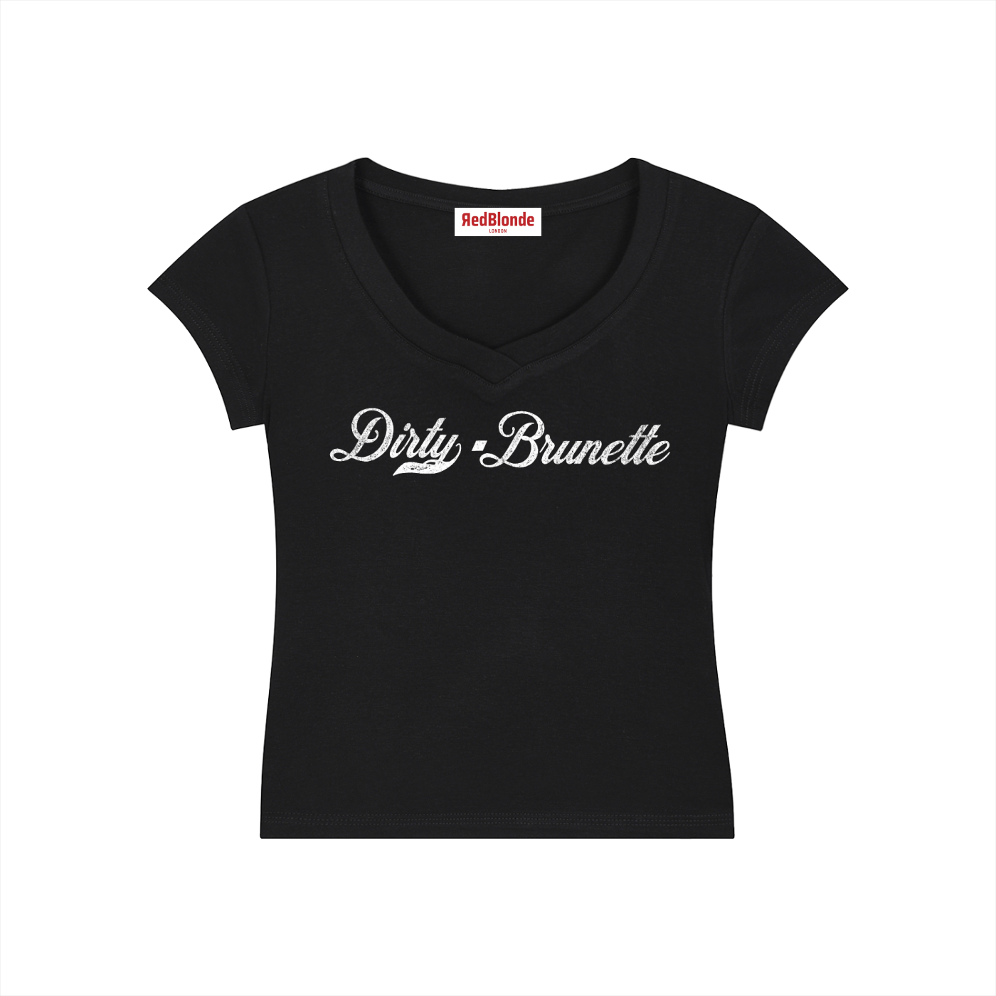 A fitted black V-neck T-shirt laid flat on a white background. It has short sleeves and a white Milkstore 01 script graphic across the chest reading “Dirty-Brunette” A small RedBlonde label is visible at the inside back neck.