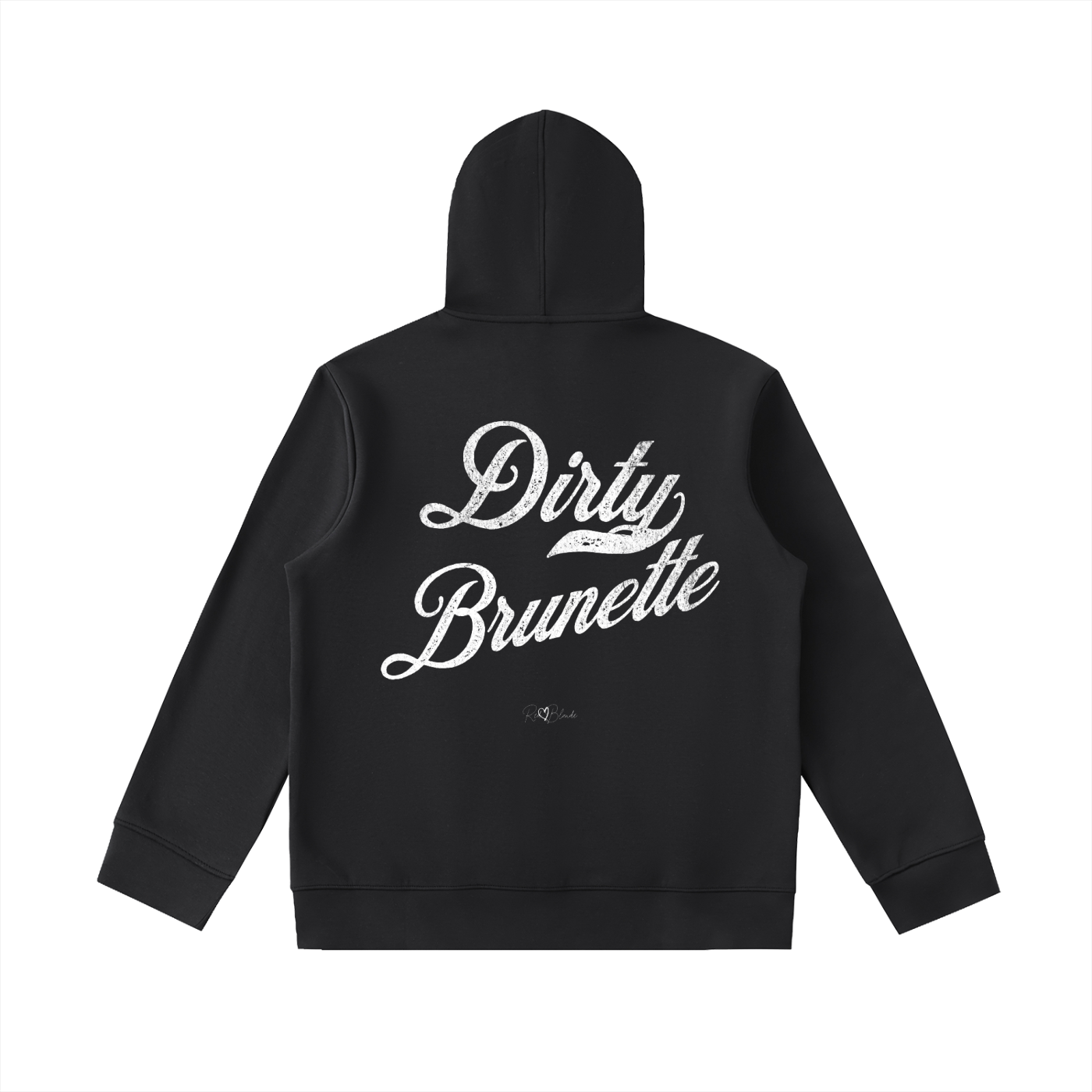 Back view of black hoodie with bold white Milkstore vintage-style script text “Dirty Brunette” across the back and a subtle RedBlonde signature logo underneath.