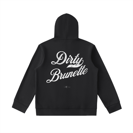 Back view of black hoodie with bold white Milkstore vintage-style script text “Dirty Brunette” across the back and a subtle RedBlonde signature logo underneath.