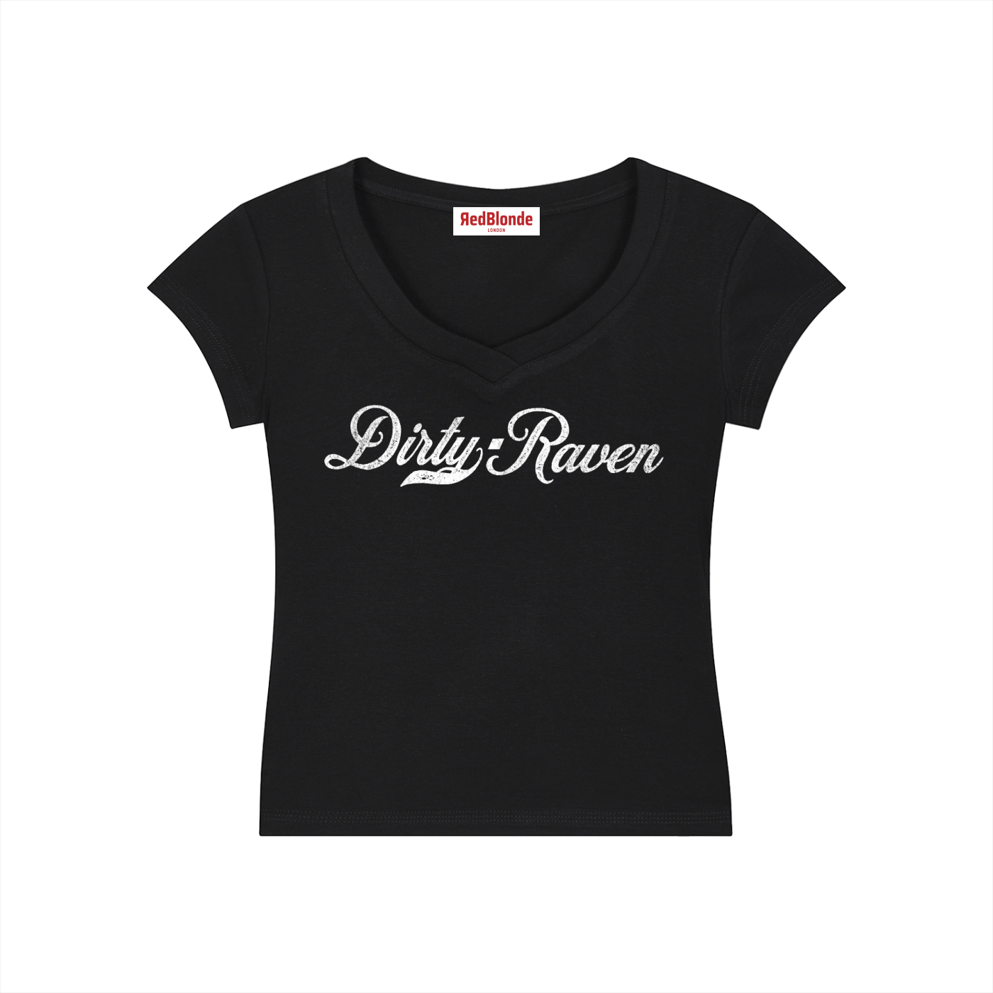 A fitted black V-neck T-shirt laid flat on a white background. It has short sleeves and a white Milkstore 01 script graphic across the chest reading “Dirty-Raven.” A small RedBlonde label is visible at the inside back neck.