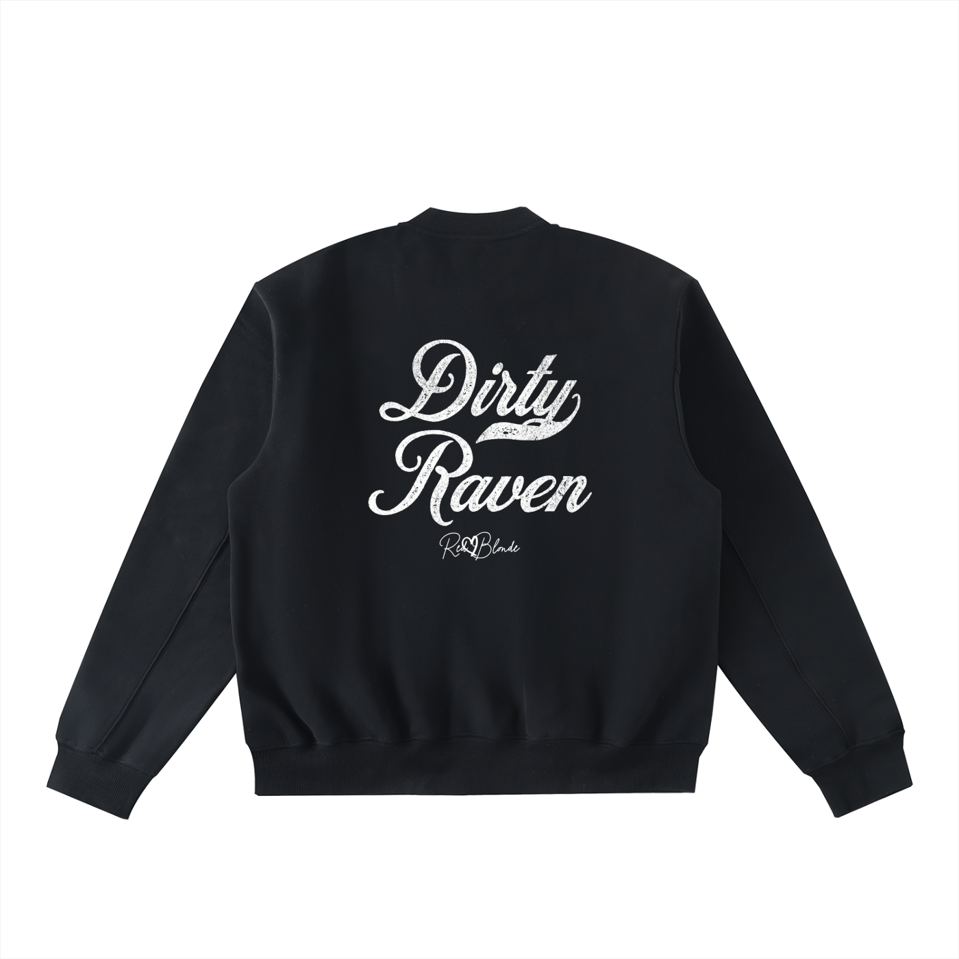 The back of a black crewneck zip up varsity jacket  laid flat on a white background. It has ribbed cuffs, collar, and hem. Large black Milkstore 01 script text across the back reads “Dirty Raven,” with a small cursive RedBlonde logo beneath.