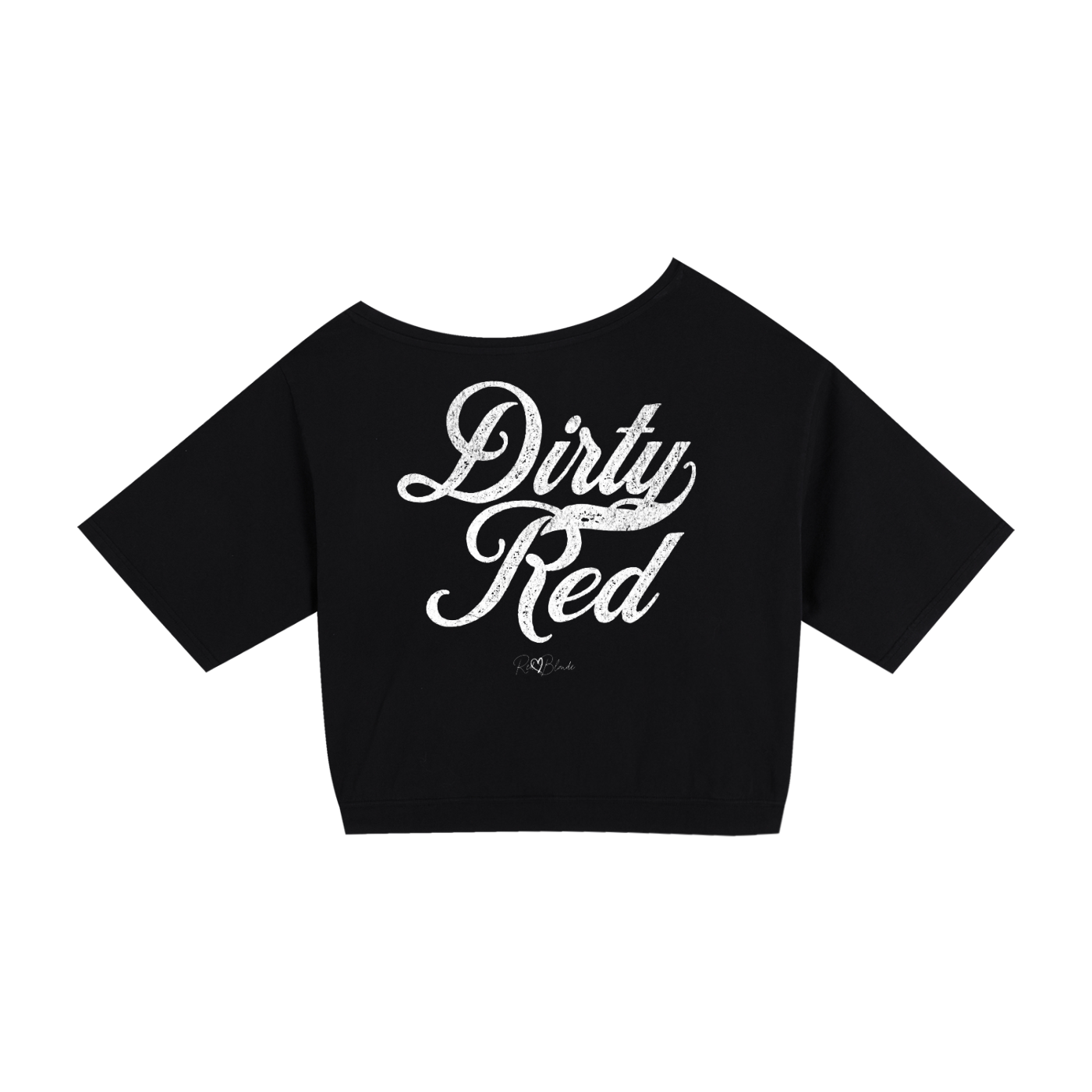 Back view of a black asymmetric off-the-shoulder waist length t-shirt featuring the bold white distressed Milkstore font “Dirty Red” with the RedBlonde logo printed below. The relaxed, oversized fit and one-shoulder neckline give it a modern, effortless look.