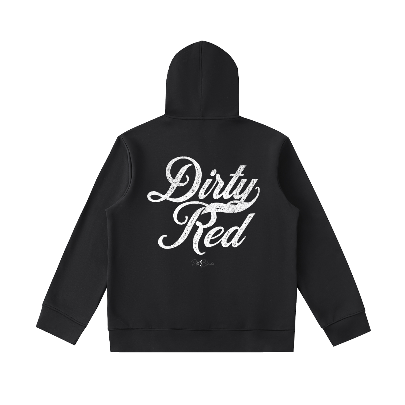 Back view of black hoodie with bold white Milkstore vintage-style script text “Dirty Red” across the back and a subtle RedBlonde signature logo underneath.